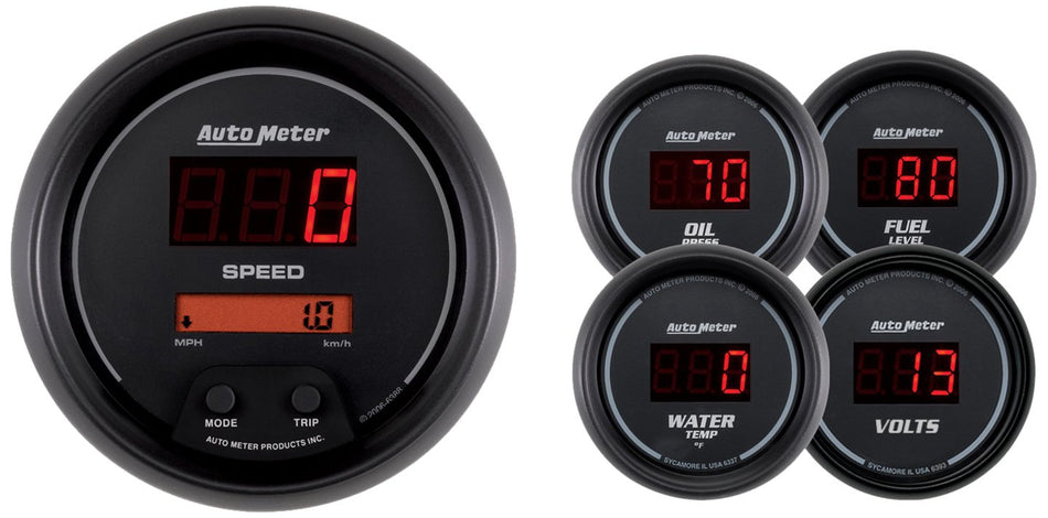 Auto Meter 6300 Sport Comp Digital 5 pc. Kit Box with Programmable Electric Speedometer and Electric Oil Pressure Water Temperature Volts and Programmable Fuel Level