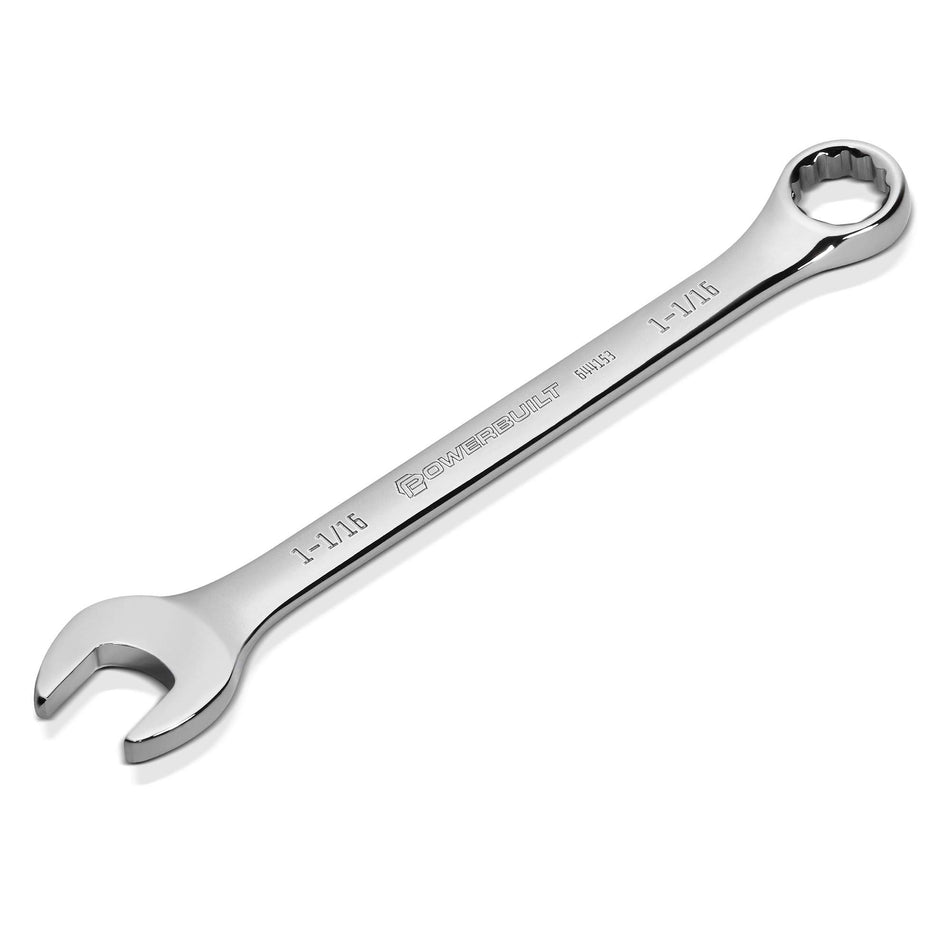 Powerbuilt 1-1/16 Inch Combination Wrench, SAE 12 Point Double Ended Box and Open End, Polished, 15 Degree Offset - 644153