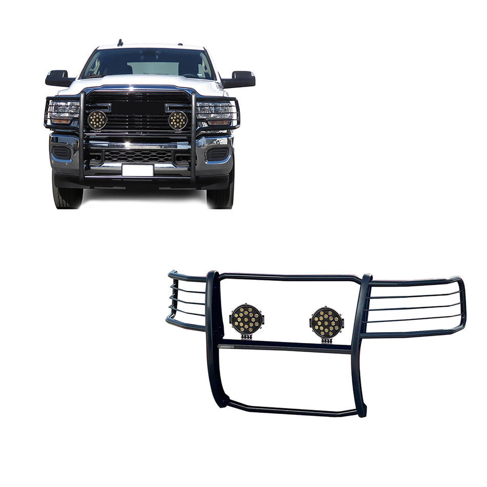 Black Horse Grille brush Bumper Guard Modular Black Come With pair of 7.0Dia.LED Lights with Black Trim Rings Compatible with 2019-2024 Ram 25002019-2024 Ram 3500-17DG113MA-PLB