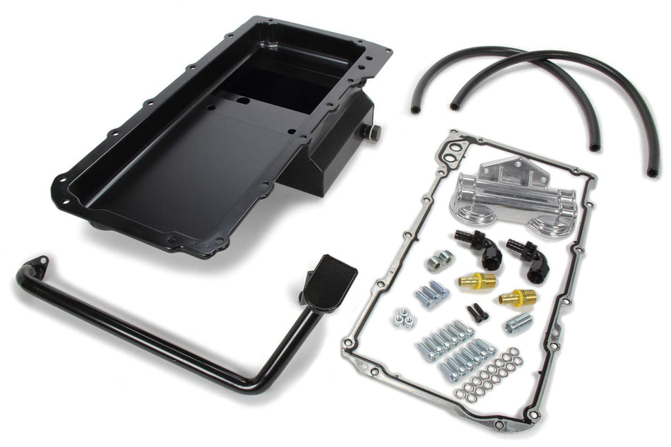 TRANS-DAPT PERFORMANCE - LS SWAP OIL PAN/FILTER REOCATION KIT; DOUBLE FILTER; HORIZONTAL PORT; BLACK PAN (0182)