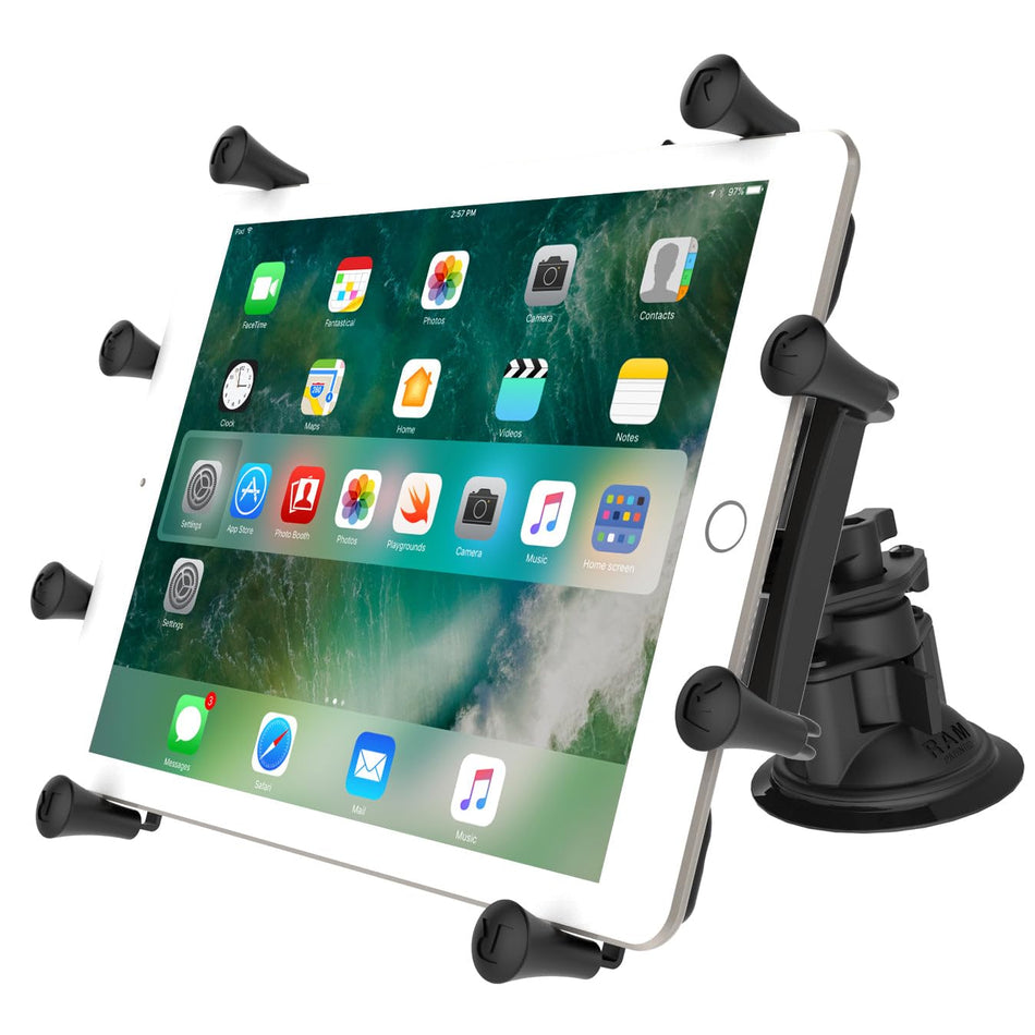 RAM MOUNTS (RAM-B-189-PIV1-A-UN9U Dual Articulating Suction Cup with Short Double Socket Arm and Universal X-Grip Iii Holder for Large Tablets