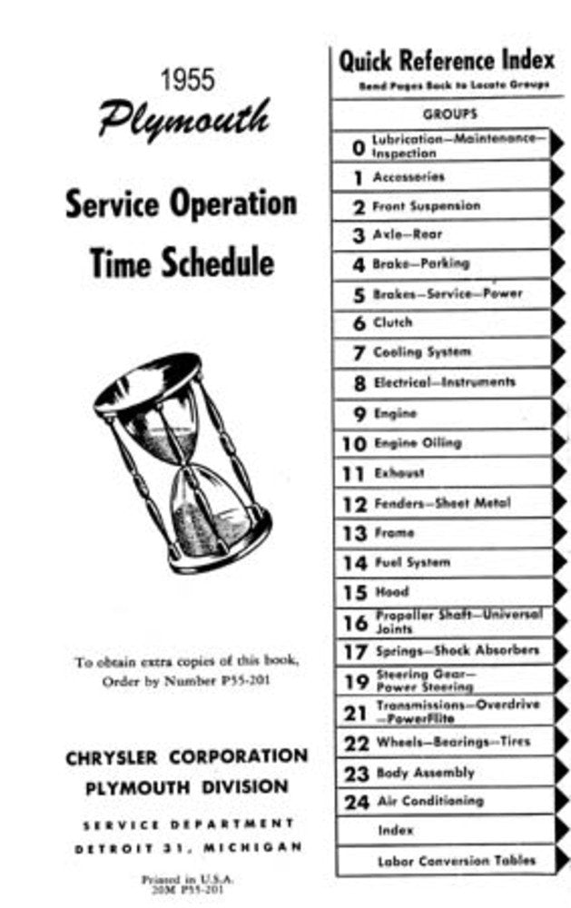 bishko automotive literature 1955 1956 Plymouth Service Time Operation Schedule