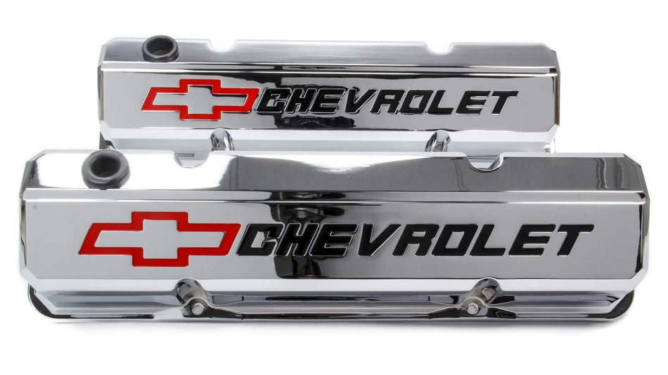 ProForm 141-930 Valve Cover, Slant-Edge, Tall, Baffled, Breather Hole, Recessed Chevrolet Bowtie Logo, Aluminum, Chrome, Small Block Chevy, Pair
