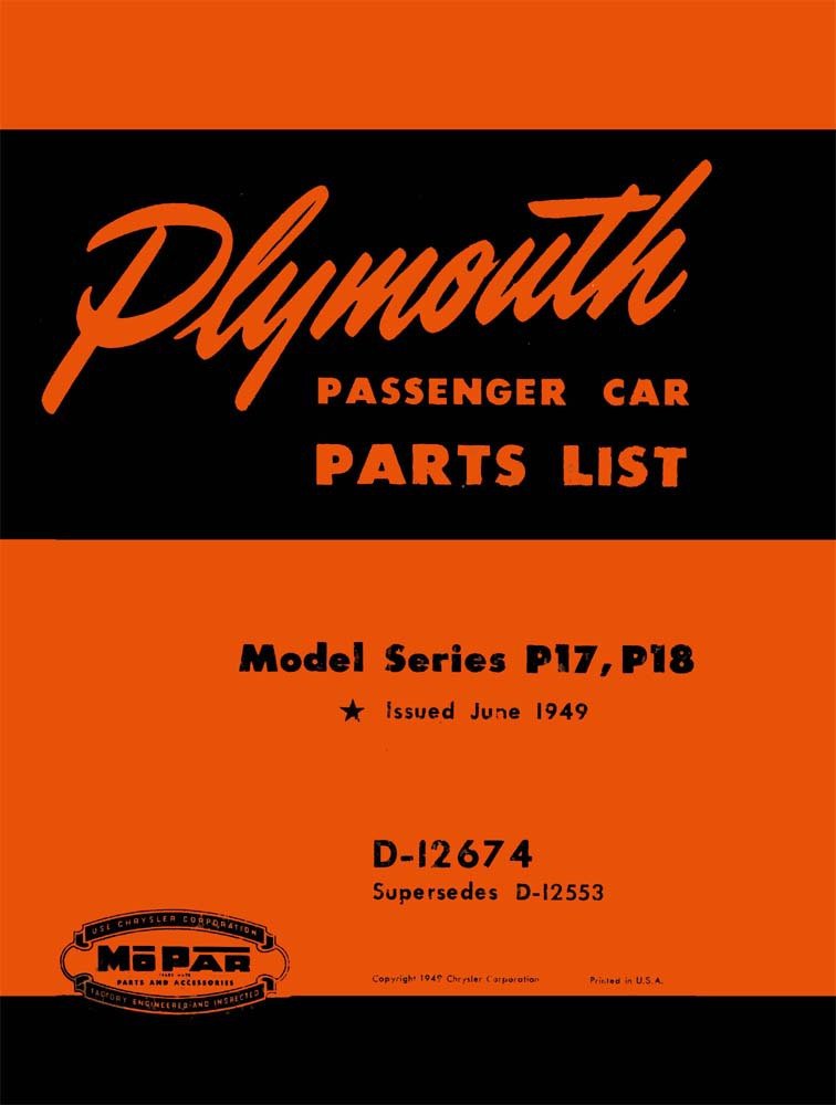 bishko automotive literature 1949 Plymouth P17 P18 Parts Numbers Book List Guide Interchange Illustrations
