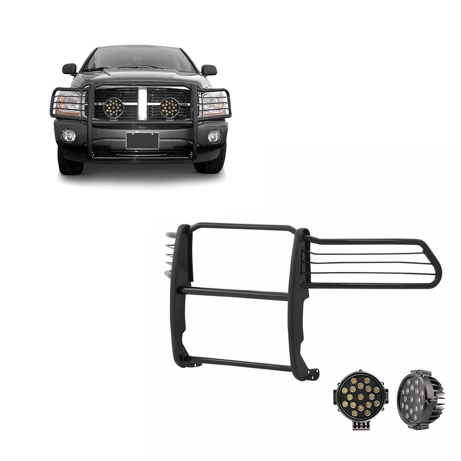 Black Horse Grille brush Bumper Guard Modular Black Come With pair of 7.0Dia.LED Lights with Black Trim Rings Compatible with 2003-2005 Dodge Ram 1500/2500/3500-17DG105MA-PLB