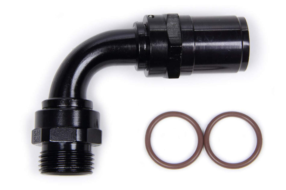 Fitting, Hose End, Race-Rite, Crimp-On, 90 Degree, 12 AN Hose Crimp to 1-1/16-12 in Male O-Ring, Aluminum, Black Anodize, Each