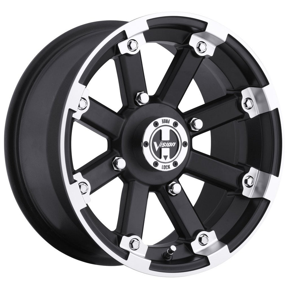 VISION WHEEL - 393 lock out - 14 Inch Rim x 7 - (4x156) Offset (2.5) Wheel Finish - matte black machined lip with chrome hex bolt inserts