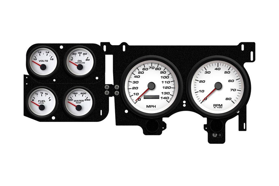 NEW VINTAGE USA Gauge Kit, F/S Performance II, Fuel Level/Oil Pressure/Speedometer/Tachometer/Voltmeter/Water Temperature, White Face, Panel Included, GM Full-Size Truck 1973-87, Kit (73026-03)