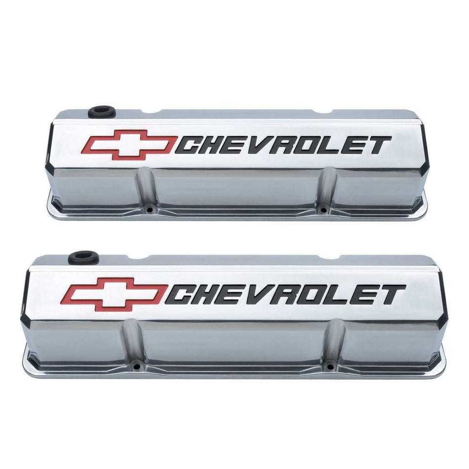 Valve Cover, Slant-Edge, Tall, Baffled, Breather Hole, Recessed Chevrolet Bowtie Logo, Aluminum, Polished, Small Block Chevy, Pair