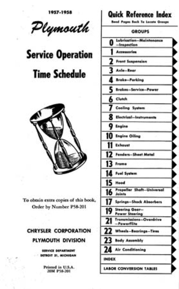 bishko automotive literature 1957 1958 Plymouth Service Operation Time Schedule
