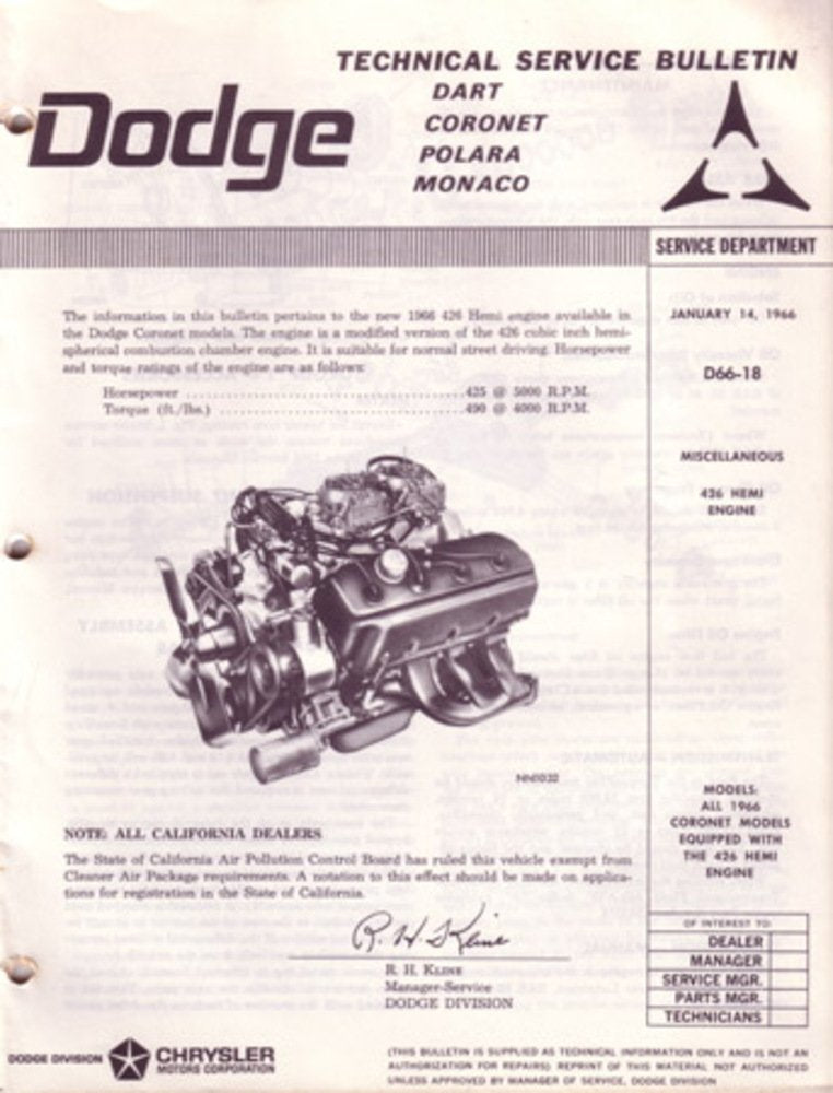 bishko automotive literature 1966 Dodge Hemi Engine Shop Service Repair Manual Letters Bulletins Maintenance