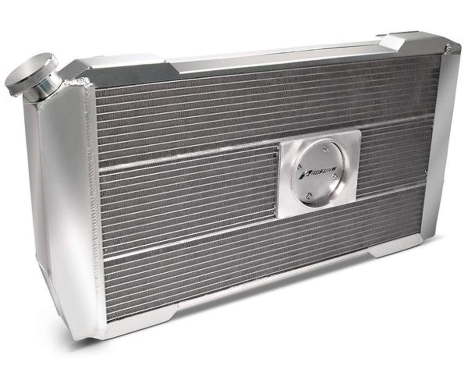 PFM Radiator, Slim-Fit Direct Fit Series, 30-1/2 in W x 16-13/32 in H x 4 in D, Single Pass, Driver Side Inlet, Passenger Side Outlet, Aluminum, Natural, GM LS-Series, Automatic Transmission
