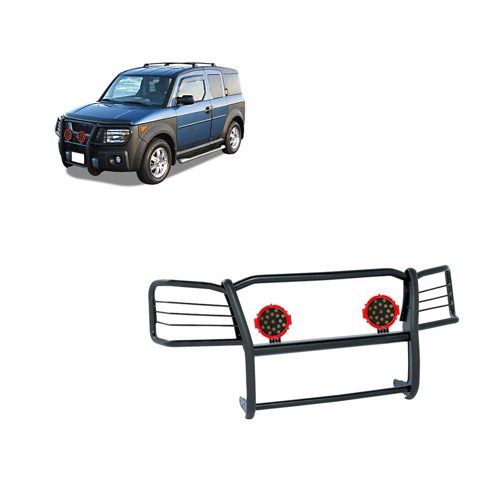 Black Horse Grille brush Bumper Guard Modular Black Come With pair of 7.0Dia.LED Lights with Red Trim Rings Compatible with 2003-2008 Honda Element-17A155900MA-PLR