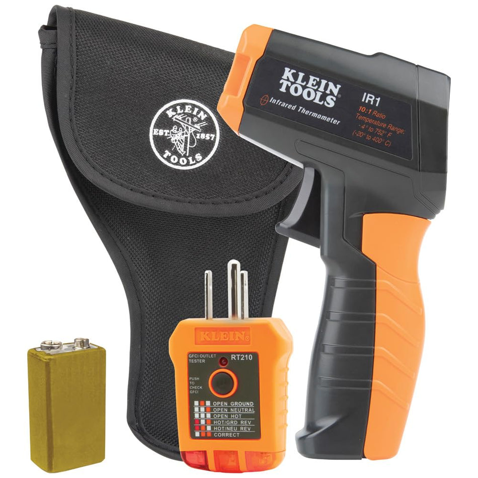 Klein Tools IR1KIT Infraredu00a0Thermometer and GFCI Receptacle Tester Kit, Non-Contact Digital Temperature Measurement and Electrical Tester