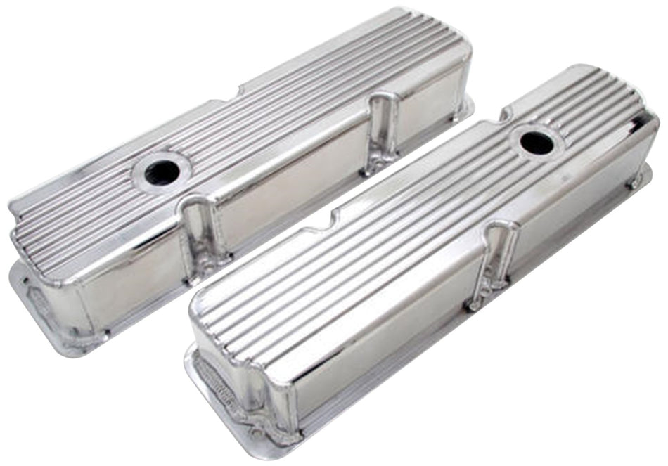 Trans-Dapt Performance 1121 Hamburgers Fabricated Valve Cover Set Finned 1 Hole In Each Cover Polished Aluminum Hamburgers Fabricated Valve Cover Set