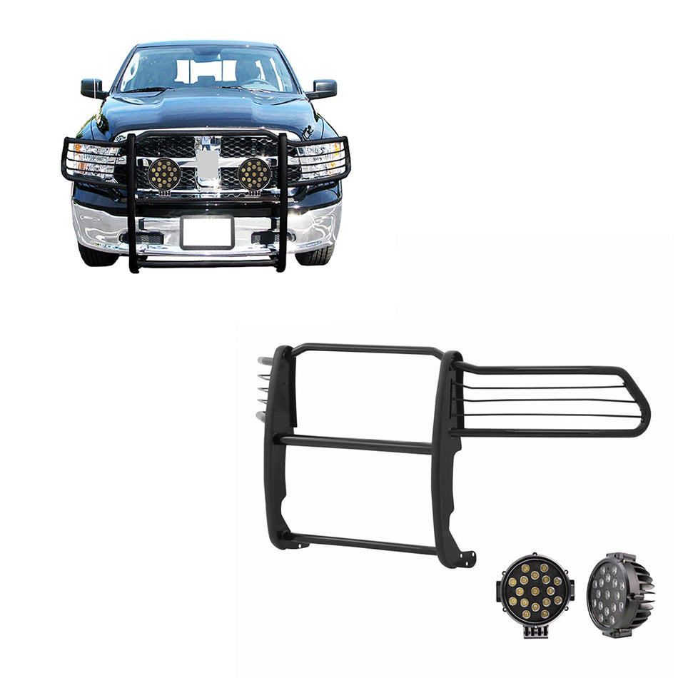 Black Horse Grille brush Bumper Guard Modular Black Come With pair of 7.0Dia.LED Lights with Black Trim Rings Compatible with 2009-2018 Dodge Ram 15002019-2024 Ram 1500 Classic-17DG109MA-PLB