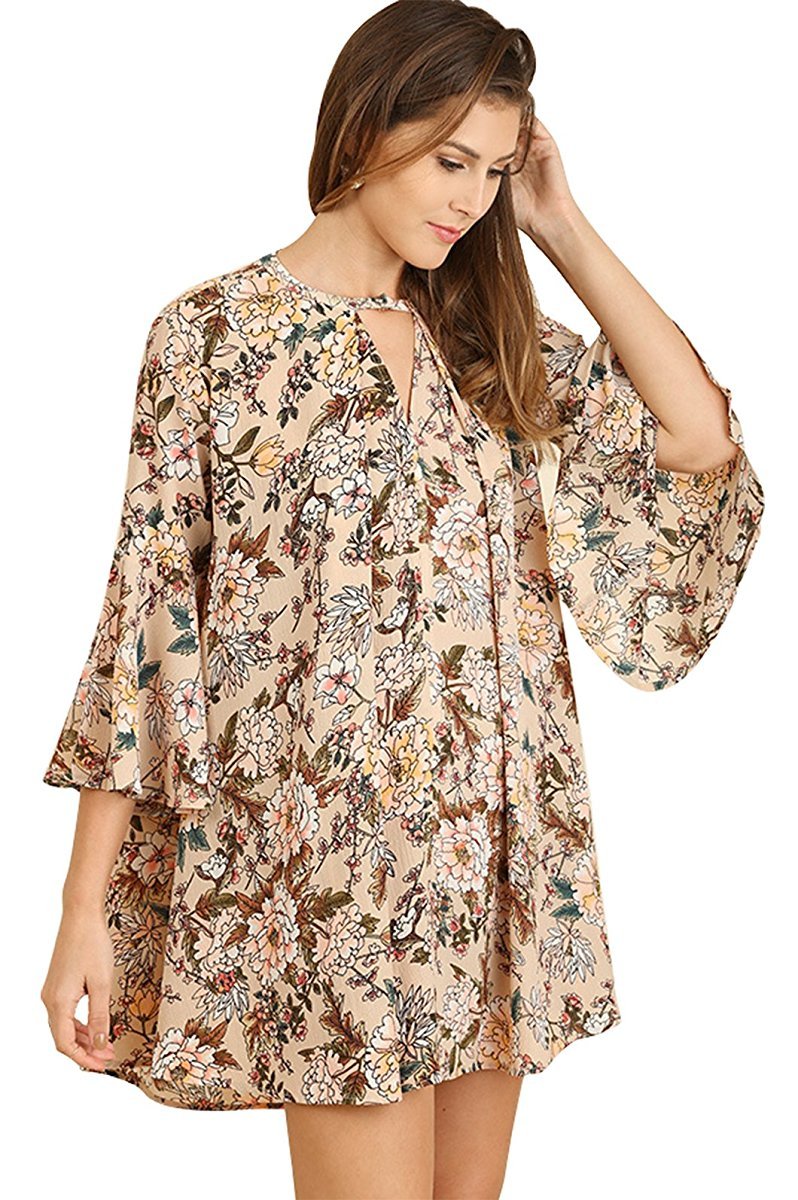 Umgee USA Boho Floral Print Hippie Dress Tunic with Keyhole Neckline and Bell Sleeves (Extra Large, TAUPE MIX WR7517)