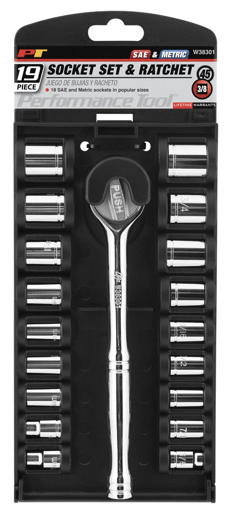 Performance Tool W38301 19 Piece 3/8 Drive SAE and Metric 6 Point Socket Set with Ratchet