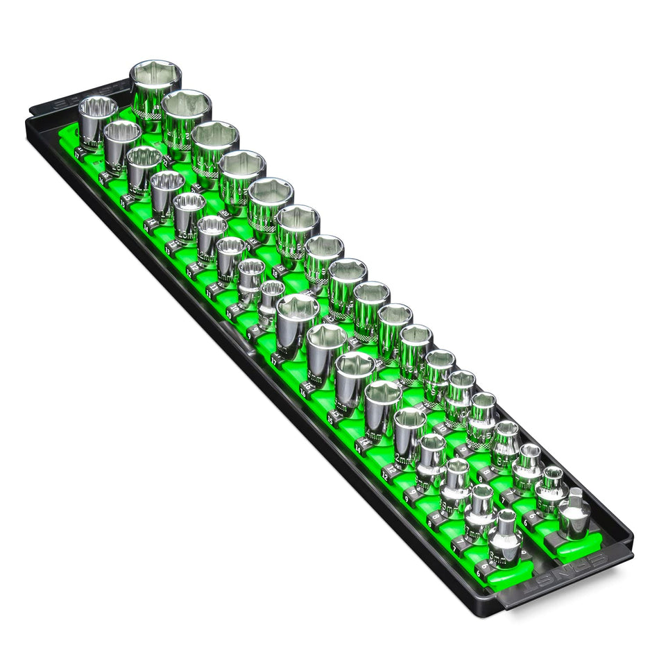 Ernst Manufacturing 8485 Socket Boss, Premium 2-Rail, 3/8 Inch-Drive Socket Organizer, 18-Inch, Green