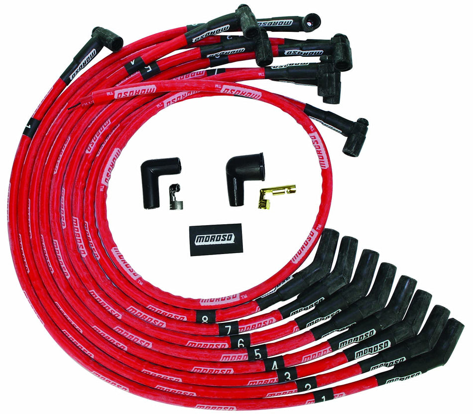 Moroso 52542 Ultra Series Red Sleeved Spark Plug Wires, Big Block Chevy, Over Valve Cover Routing, 135 Degree Plug Ends, HEI Distributor