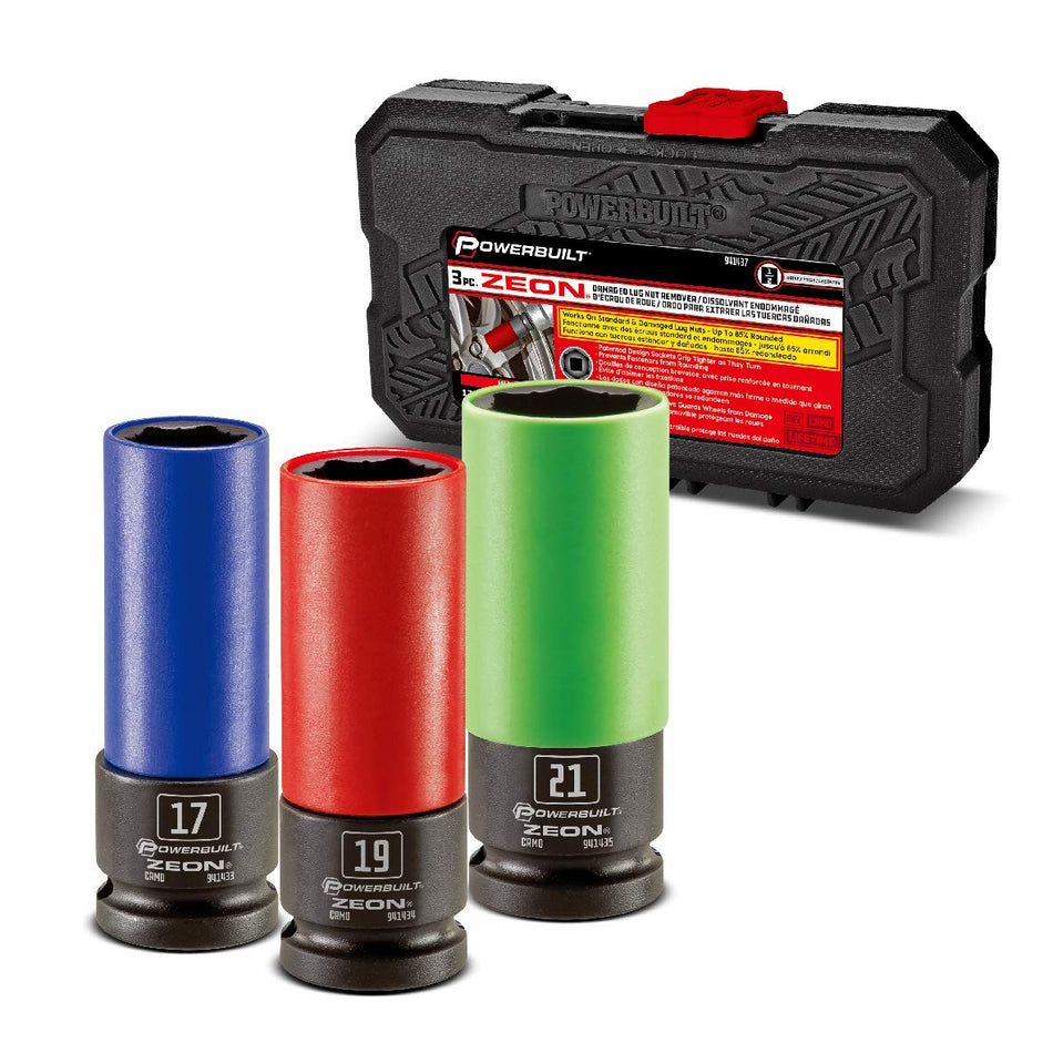 Powerbuilt 3 Piece Lug Nut Socket Nut Socket Set, Remove Damaged, Rusted, Rounded Lug Nuts, Metric Sizes, Storage Case - 240098