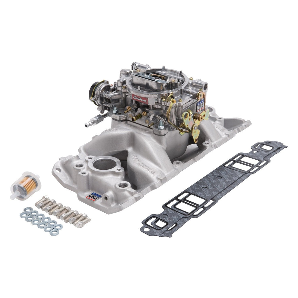 Edelbrock 2020 Single-Quad Manifold And Carb Kit For Performer Air-Gap Manifold w/Performer Series 600cfm Carb Incl. Carb/Fuel Line/Intake Bolts/Gaskets Satin Finish Single-Quad Manifold And Carb Kit