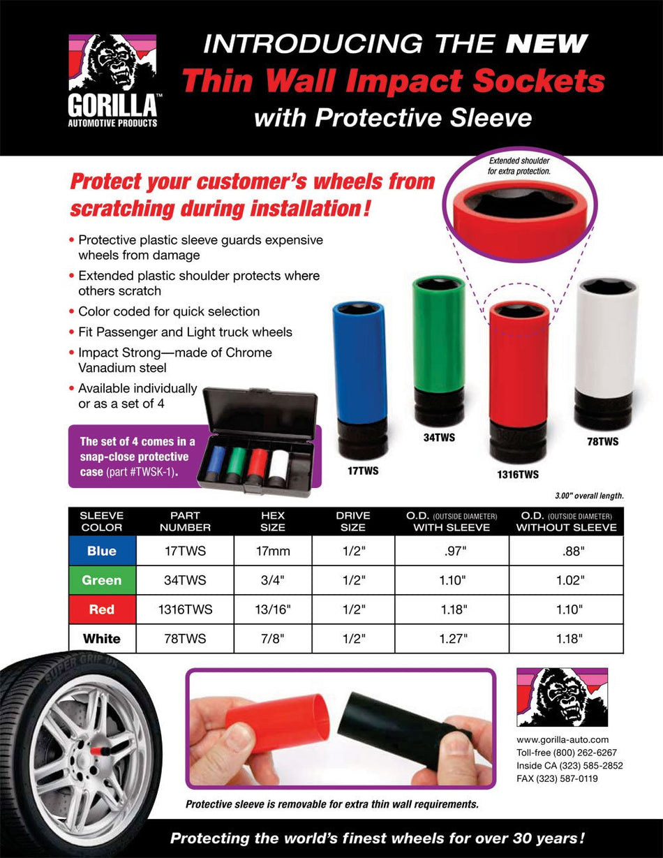 Gorilla Automotive 78TWS Thin Wall Impact Sockets With Protective Sleeve (7/8 Hex with 1/2 Drive)