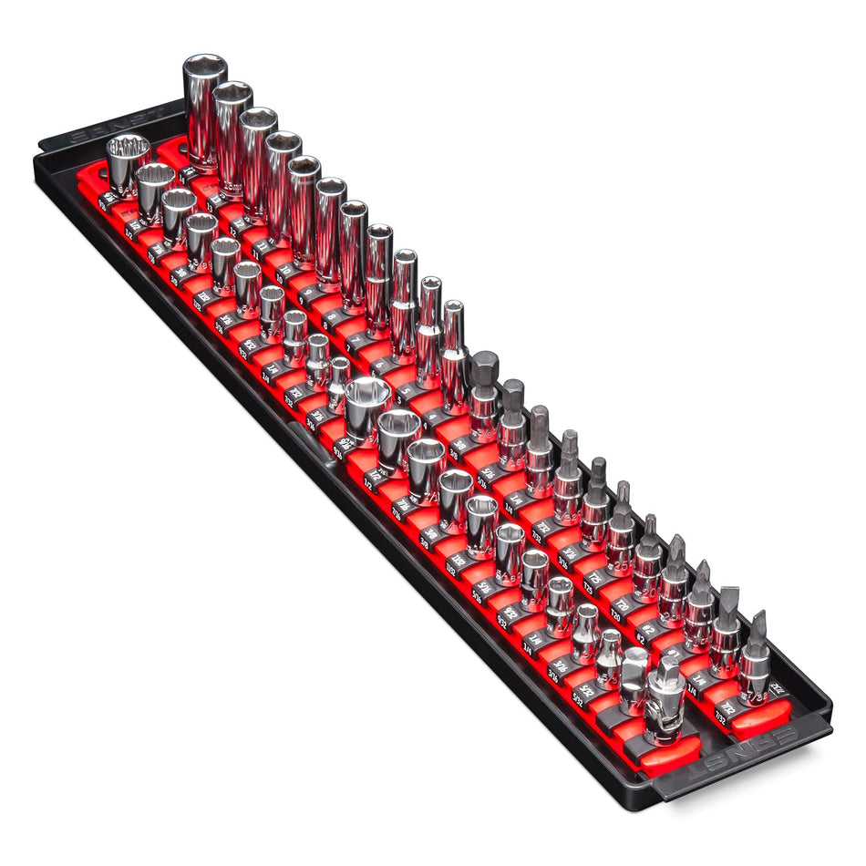 Heavy Duty Socket Organizer with Tray - Ernst Manufacturing 19-Inch Socket Boss 2-Row, 1/4-Inch-Drive Twist Lock Socket Holder, SAE, METRIC, Red (8452) - Automotive Industry