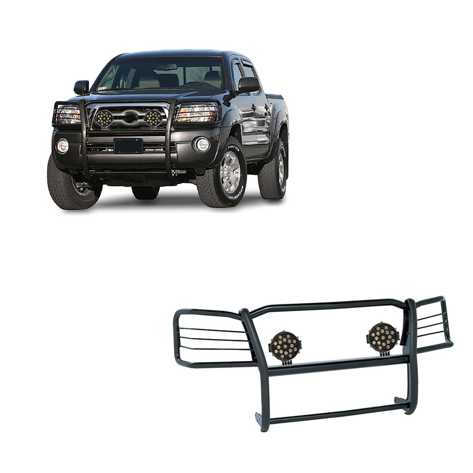 Black Horse Grille brush Bumper Guard Modular Black Come With pair of 7.0Dia.LED Lights with Black Trim Rings Compatible with 2005-2015 Toyota Tacoma-17A096400MA-PLB