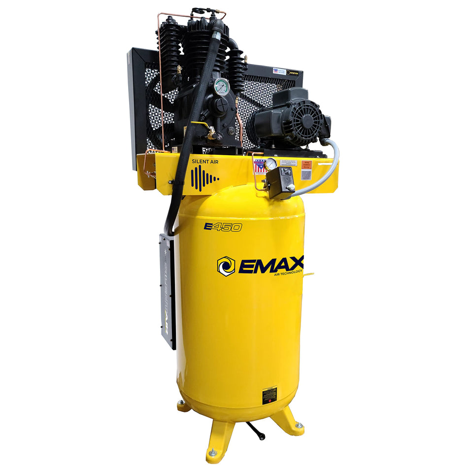 EMAX E350 Stationary Air Compressor - 5hp 80 Gal. 2 Stage Single Phase Industrial Compressor with Pressure Lubricated Pump & Silent Air System - ESP05V080I1