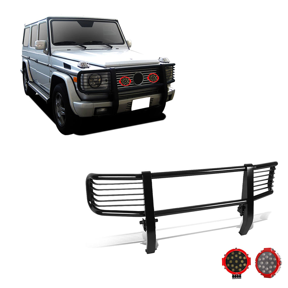 Black Horse Grille brush Bumper Guard Modular Black Come With pair of 7.0Dia.LED Lights with Red Trim Rings Compatible with 2003-2010 Mercedes-Benz G55 AMG1999-2010 Mercedes-Benz G500-PGBZA008A-PLR