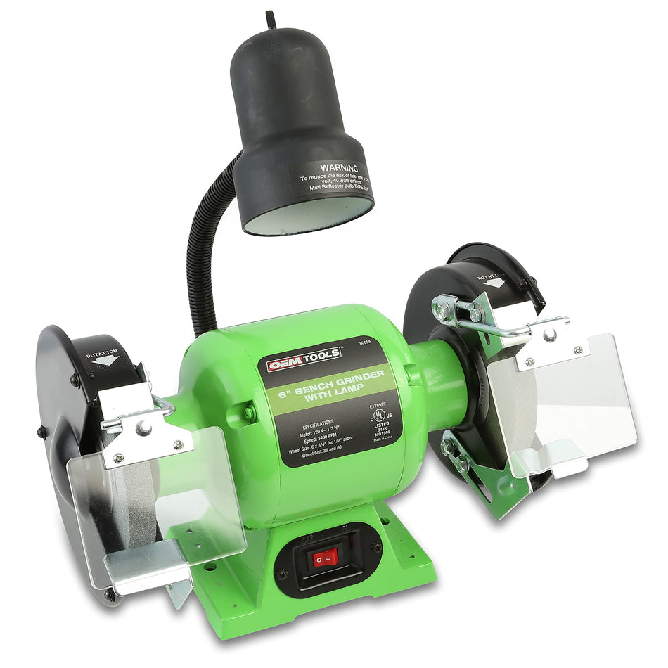 OEMTOOLS 80058 6 Inch Bench Grinder with Lamp, Grinder For Workbench, Bench Grinder Slow Speed, Bench Grinder Tool, 6 Inch Bench Grinder Wheel