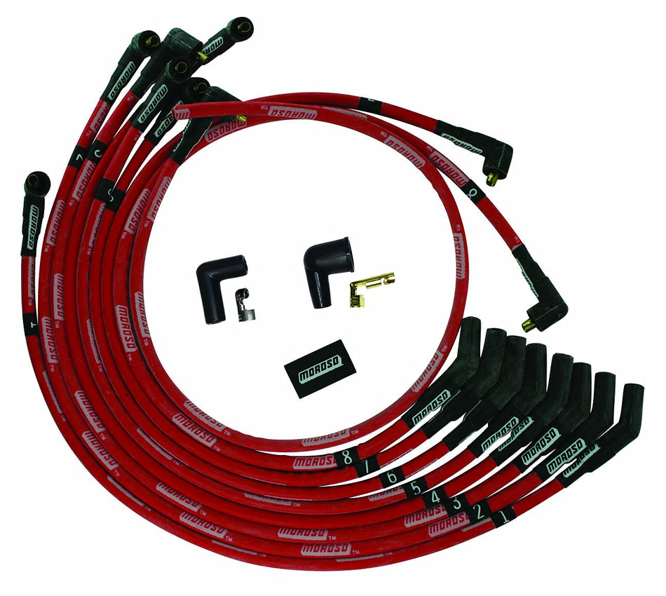 Moroso 52573 Ultra Series Red Sleeved Spark Plug Wires, Ford 351W, 135 Degree Plug Ends, Non HEI Distributor