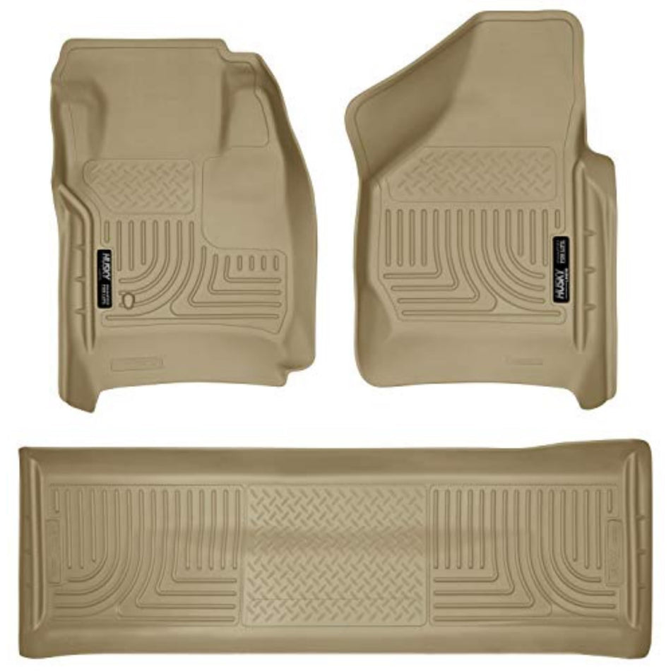 Husky Liners Weatherbeater Floor Mats | Fits 2008 - 2010 Ford F-250, F-350, F-450 Crew Cab without Manual Shifter (Footwell Coverage) | Front & 2nd Row, 3-pc Tan - 98383