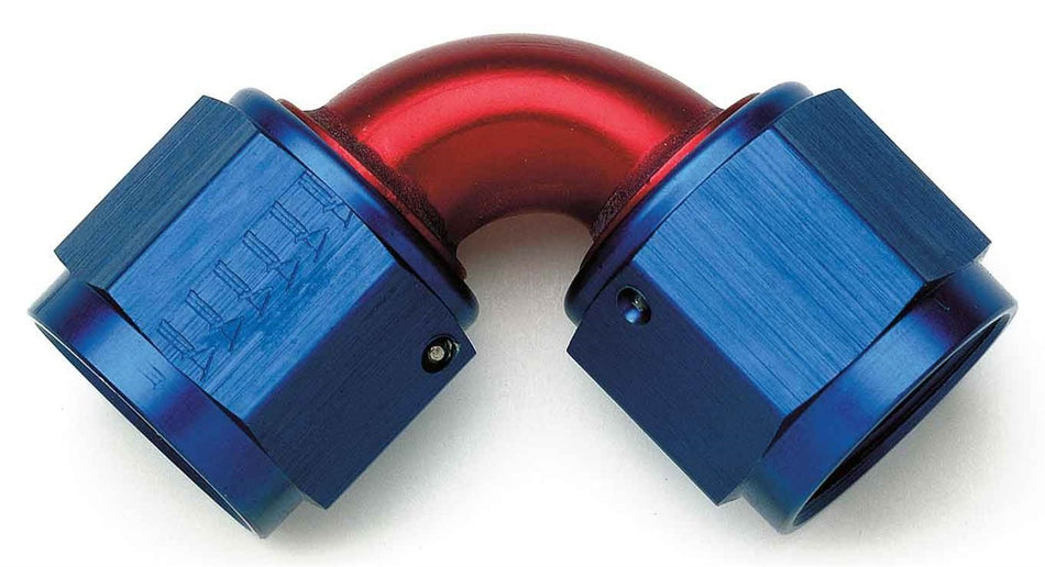 Aeroquip FBM2979 90 deg. Female Flare Swivel -08AN Dash x -08AN Dash Aluminum Red/Blue Anodized Bulk Packaged 90 deg. Female Flare Swivel