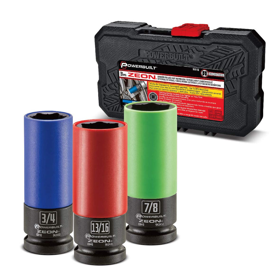 Powerbuilt Lug Nut Socket Set for Damaged, Rusted, or Rounded Nuts, 3 Piece SAE Zeon Design, Protective Sleeve, Storage Case - 240097