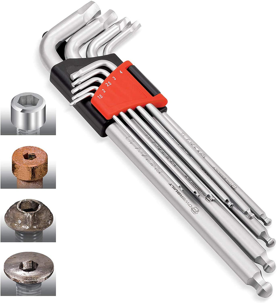 Powerbuilt Zeon Hex Key Wrench Set, 9 Piece, Removes Damaged Bolts, Long Handles, Premium Steel - 240095