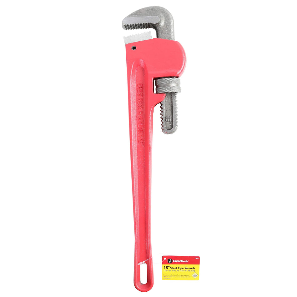 GreatNeck PW18 Pipe Wrench 18  Automotive & Plumbing Pipe Wrench  Handy Wrench for Tackling a Variety of Automotive and Household Tasks  Adjustable Jaw  Red Body