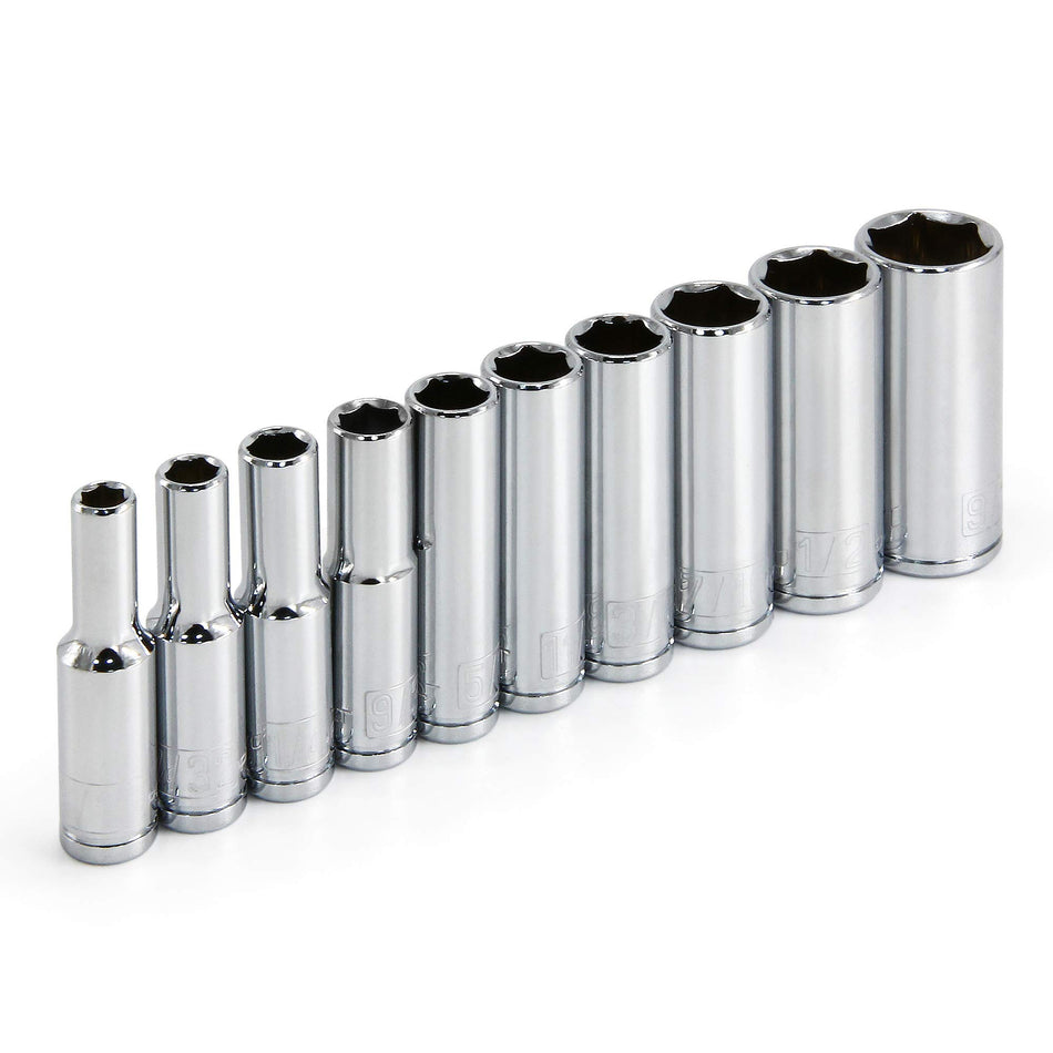 Powerbuilt 10 Piece 1/4 Inch Drive SAE 6 Point Deep Socket Set, Z-Drive Grips, Chrome Vanadium Steel, Meets ANSI Standards - 640499