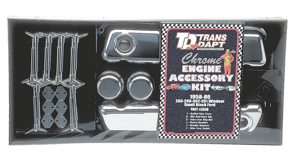 Trans-Dapt Performance 3048 Engine Dress Up Kit w/Short Valve Covers Incl. 2 Valve Covers/12 Mini Tabs/12 Wing Nuts/2 Push-In Breathers/2 Grommets/2 Valve Cover Gaskets Chrome Engine Dress Up Kit