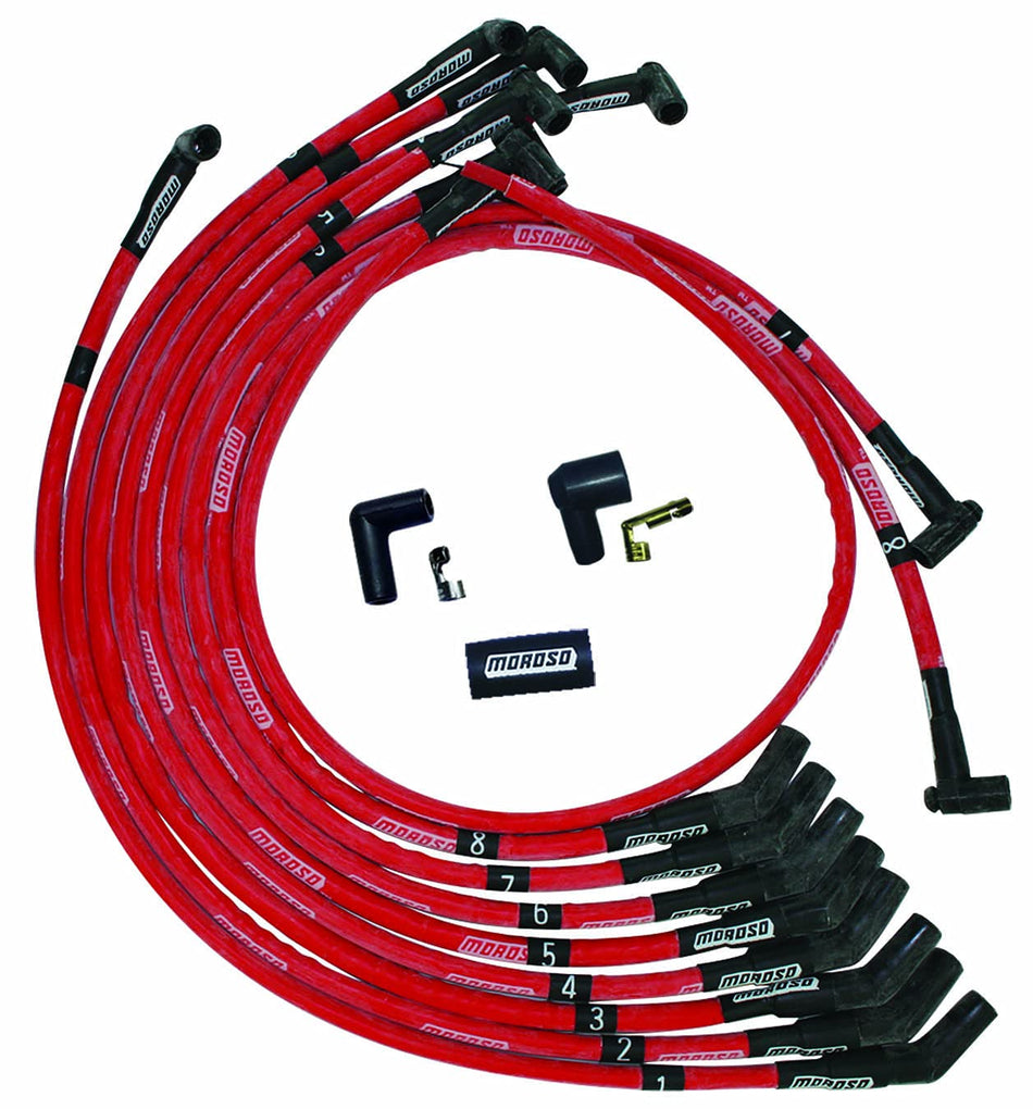 Moroso 52572 Ultra Series Red Sleeved Spark Plug Wires, Ford 351W, 135 Degree Plug Ends, HEI Distributor