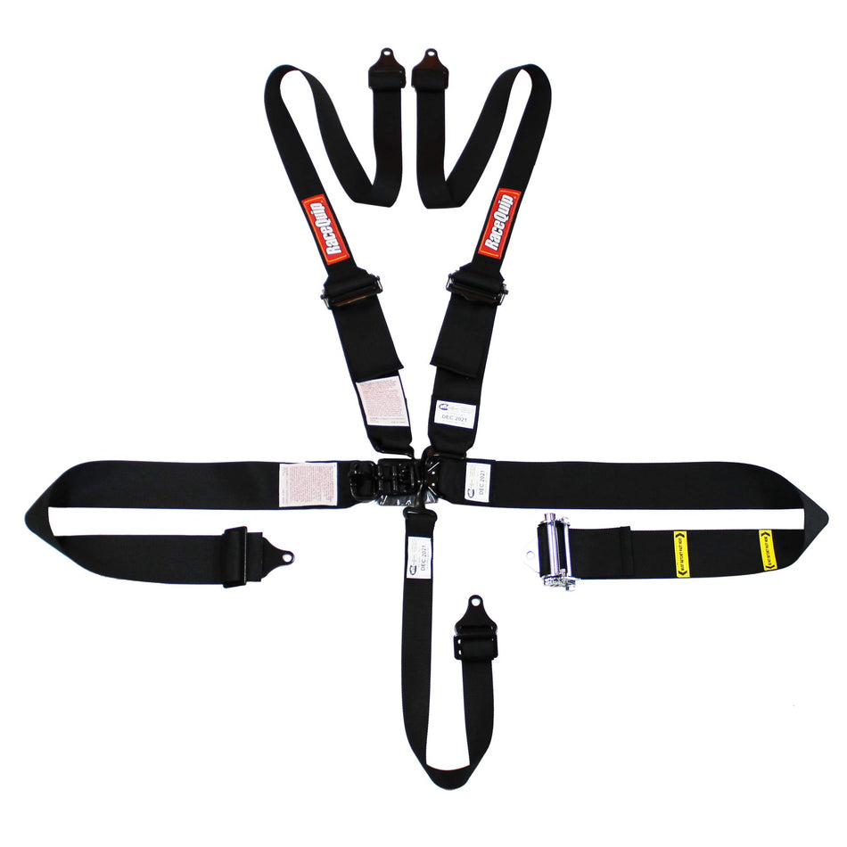 RaceQuip Auto Racing Harness Set HNR Shoulders With Black Hardware SFI 16.1 5 Point Small Buckle Latch And Link Ratcheting Black 815005