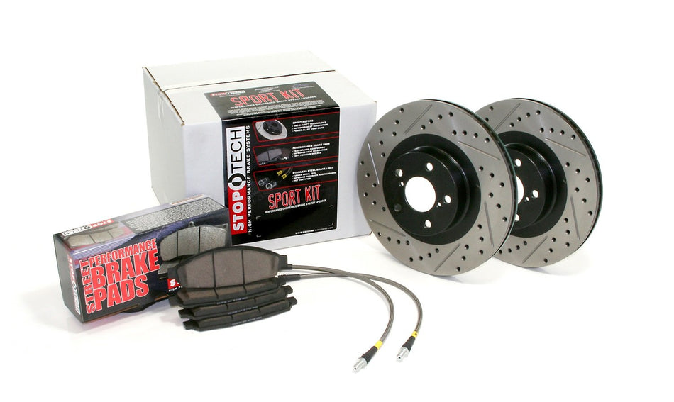 StopTech 978.44013R Sport Rear Axle Pack - Includes Drilled/Slotted Disc Brake Rotors, Pads and Stainless Steel Lines - Fits 1993-1998 Toyota Supra Vehicles
