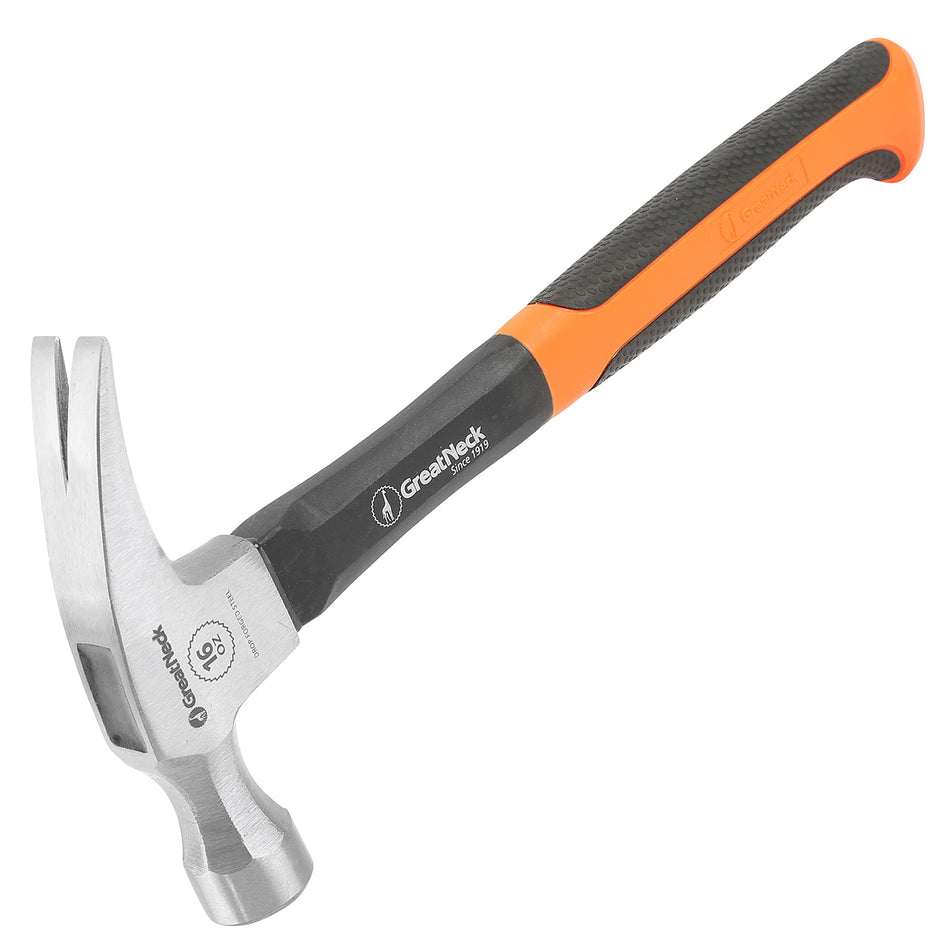 GreatNeck HG16S 16 Oz. Fiberglass Straight Claw Hammer, Carpenter & Contractor Tool for Framing, Building, & Ripping Nails, Durable Drop Forged Steel Hammer