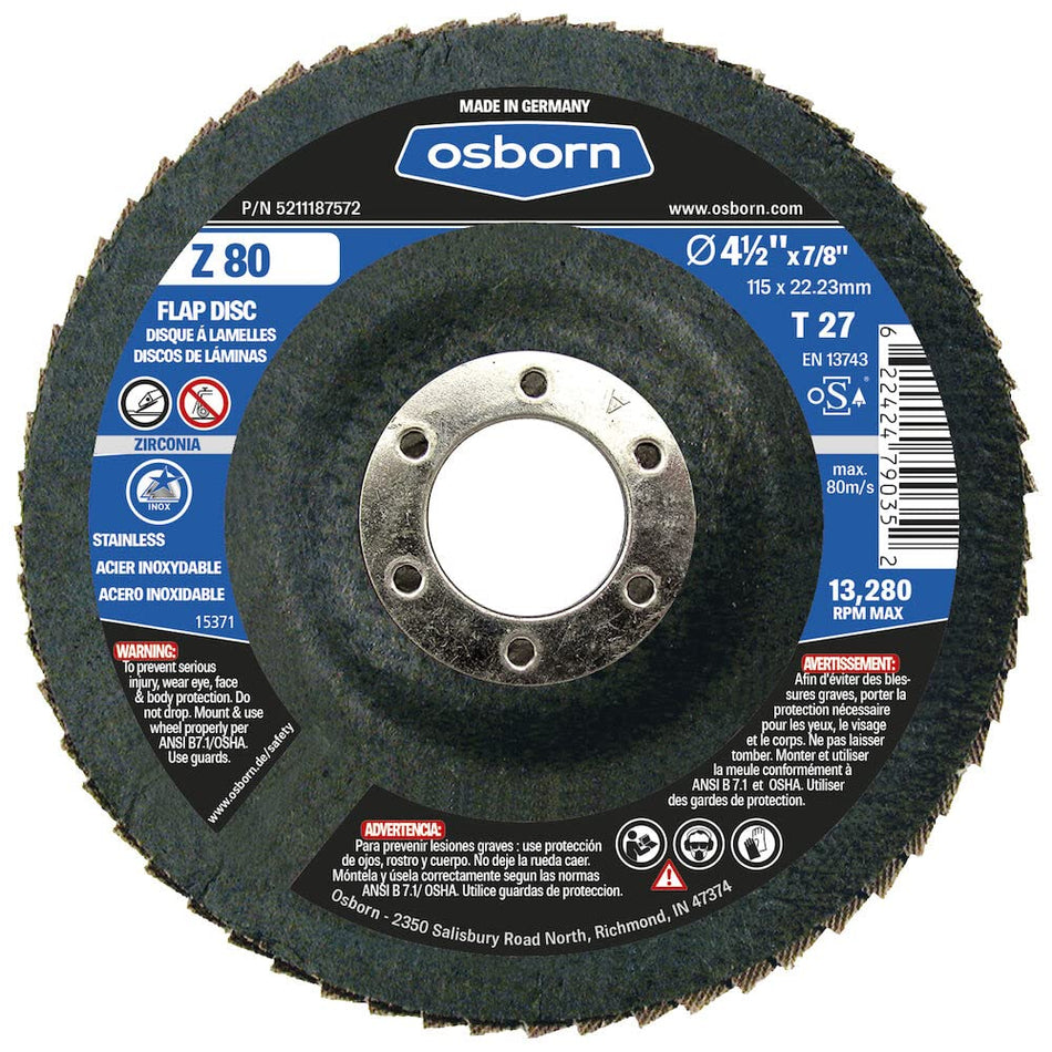 Osborn, Type 27, 4-1/2 Flap Disc, Zirconia, 7/8 Arbor Hole, 80 Grit