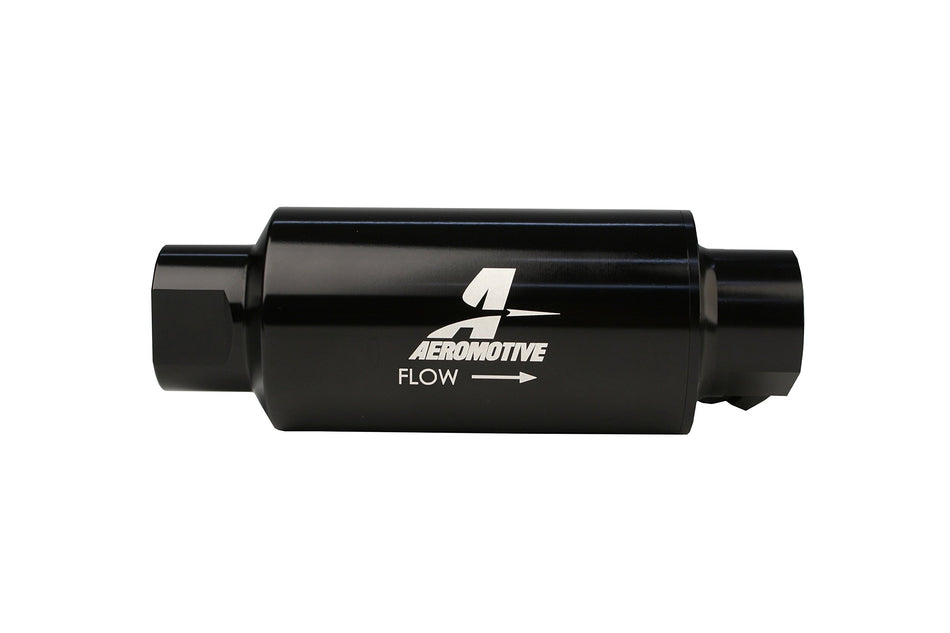 Aeromotive 12333 Filter w/Dual Outlet, 10-Micron Fabric Element, In-Line, ORB10 Inlet/Outlet plus ORB-06 Outlet, Bright-Dip Black, 2" OD