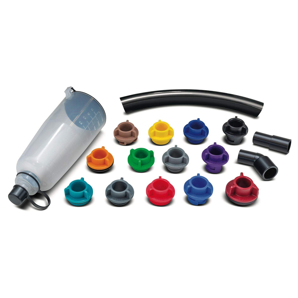 Powerbuilt 17 Piece Oil Funnel Set with Color Coded Vehicles Adapters for Cars, No Spill - 240151