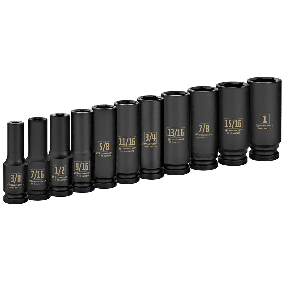 Powerbuilt 647049 1/2 Drive 6 Pt. SAE Deep Impact Socket Set, 11 Pieces , Black