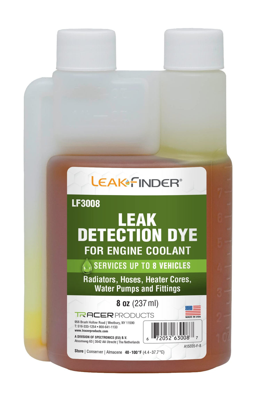 LEAKFINDER LF3008 Automotive Engine Coolant Leak Detection Dye, Services Radiators, Hoses, Heater Cores, Water Pumps, 8 oz Ultraviolet Fluorescent Dye Twin-Neck Bottle, Made in USA