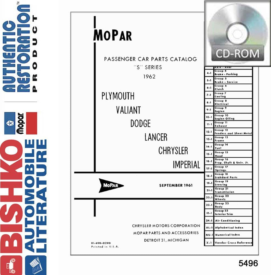 bishko automotive literature 1962 Mopar Chrysler Dodge DeSoto Plymouth Part Numbers Book CD List Guide